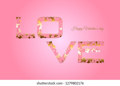 Vector illustration of Pink background. Golden hearts. Love. Happy Valentine's Day