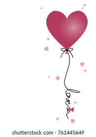 Vector illustration of pink balloon in form of heart with "Love" text in rope and small punk hearts on white background. Design for Valentines Day greeting card.