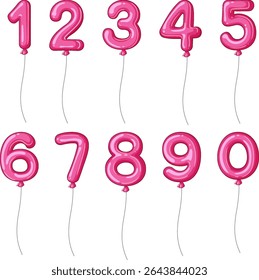 Vector illustration of pink balloon numbers with strings. Bright, playful design suitable for celebrations and educational materials