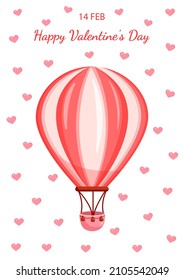 Vector illustration of a pink balloon on a background of hearts for valentine's day for postcard, textiles, decor, poster. Greeting card.