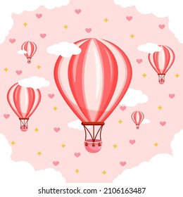 Vector illustration of pink balloons on the background of clouds, hearts and sky for valentine's day for postcard, textiles, decor, poster. Greeting card.