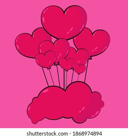 Vector illustration of pink balloons in the shape of hearts on a pink background.