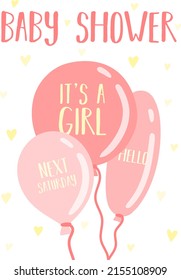 Vector illustration of pink balls on a background of hearts. Image for girls. Concept for holidays, baby shower, birthday, wrappers, print, clothes, cards, banner, textile, flyer.