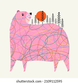 Vector illustration with pink bear, colored abstract doodle lines, red sun and black pine trees. Trendy nature lovers print design with wild animal and forest