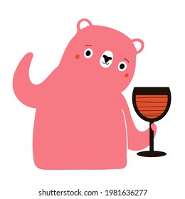 Vector illustration of pink bear holding glass of red wine. Party flyer template design, bar wall decoration poster, alcohol lover apparel print