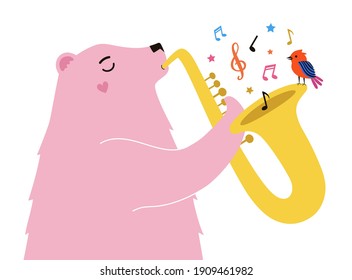 Vector illustration with pink bear plays the saxophone, red bird and musical notes. Colored music print design with animals and music instrument