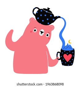 Vector illustration with pink bear, teapot and cute tea cup with mountains and heart. Funny hot drink print design with wild animal