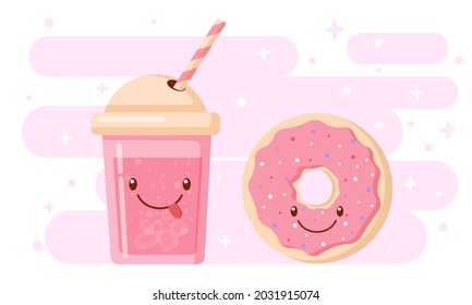 Vector illustration of a pink beverage and a cute donut.