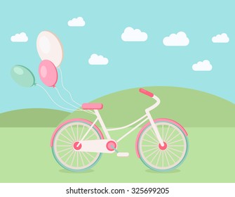 Vector illustration of pink bicycle with balloons