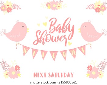 Vector illustration of pink birds with flags among flowers. Image for girls. Concept for holidays, baby shower, birthday, wrappers, print, clothes, cards, banner, textile, flyer.