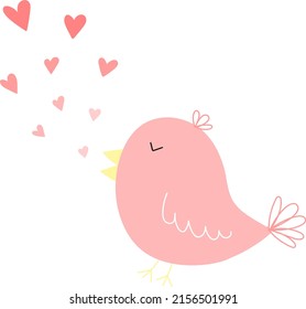 Vector illustration of pink birds with hearts on the white backgroung. Image for girls. Concept for holidays, baby shower, birthday, wrappers, print, clothes, cards, banner, textile, flyer.