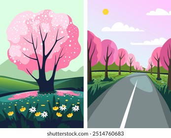 Vector illustration of a pink blossoming tree in spring, with flowers and green hills in the background. Ideal for spring-themed designs and backgrounds.
