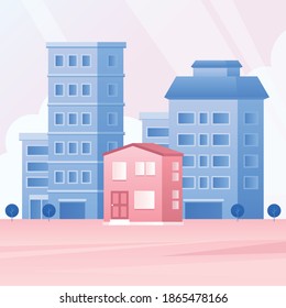 Vector illustration of pink and blue buildings.