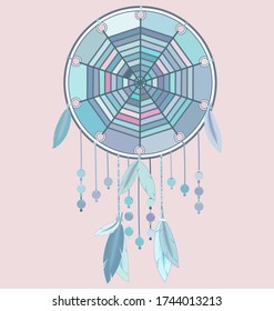 ilustración vectorial imagen de color azul rosado de dreamcatcher con plumas