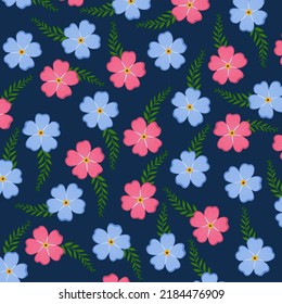 Vector illustration of pink and blue flowers with leaves on dark blue background.