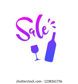 Vector illustration, pink and blue gradiented wine bottle and glass silhouettes and sale hand drawn lettering.