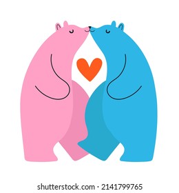 Vector illustration with pink and blue kissing bears. Cute print design with animals