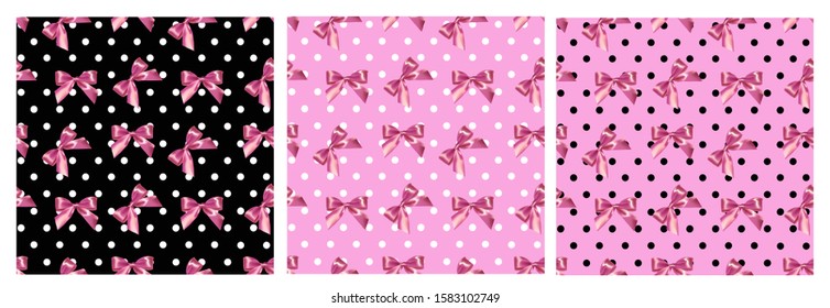 Vector illustration of pink bows on a black, pink pattern. Drawings for textiles and wrapping paper.