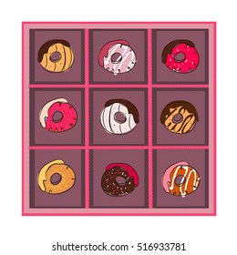 vector illustration pink box full of colorful tasty donuts decorated with various glazing on a light background