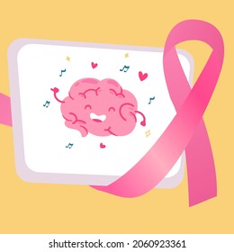 vector illustration of a pink brain singing love and happiness with a pink ribbon depicting caring and a flat minimalist yellow background. Poster, flyer, mental health and awareness campaign concept.