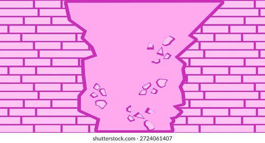 Ilustración vectorial de pared de ladrillo rosa rota en el centro con grietas y huecos visibles. Concepto de daño, avance, destrucción, reparación o textura urbana. Romper los grilletes y las limitaciones.