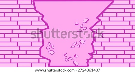 Vector illustration of pink brick wall broken in center with visible cracks and gaps. Concept of damage, breakthrough, destruction, repair, or urban texture. Breaking the shackles and limitations.