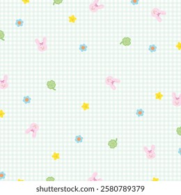 Vector illustration of pink bunny, clover leaf, flowers on pastel blue plaid background for lucky wallpaper, backdrop, animal print, spring and summer, happy easter, duvet, pyjamas, kid pattern, pet