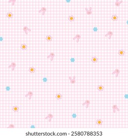 Vector illustration of pink bunny, flowers on pastel pink plaid background for wallpaper, backdrop, animal print, spring and summer, happy easter, duvet, blanket, curtain, pyjamas, kid pattern, pet