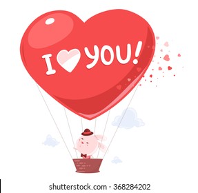 Vector illustration of pink bunny flying on big red balloon with the word love on white background. Art design for Valentine's Day greetings and card, web, banner, poster, flyer, brochure, print.  