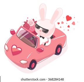 Vector illustration of pink bunny riding in red car with a bouquet on white background. Art design for Valentine's Day greetings and card, web, banner, poster, flyer, brochure, print.  