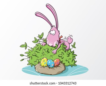 It's a vector illustration of a pink bunny that has discovered Easter eggs behind a green bush.