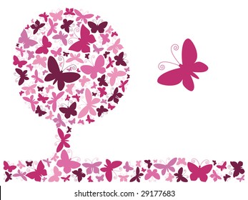 Vector illustration. Pink butterfly tree.