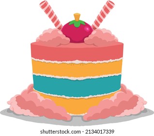 a vector illustration of a pink cake with cherry top