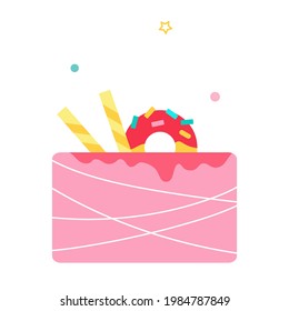 Ilustración vectorial de pastel rosa con decoraciones aisladas en fondo blanco.