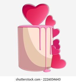 Vector illustration of a pink cake with many pink hearts isolated on white. Party, Birthday, Happy Valentine's day, Wedding, bakery, pastry, food concept.