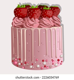 Ilustración vectorial de un pastel rosa con fresas aisladas en blanco. Fiesta, cumpleaños, panadería, pastelería, comida, concepto de boda.