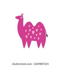 Vector illustration of a pink camel in hearts in a modern trendy flat style. Colorful art print, graphic design