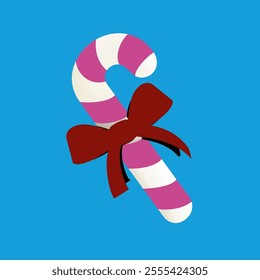 vector illustration of pink candy cane and ribbon on christmas day on light blue background isolation