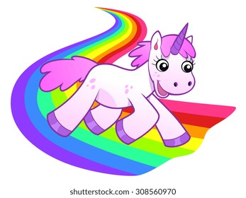 Imagen vectorial del unicornio rosado corriendo en la carretera arcoiris.