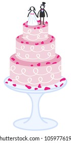 Vector illustration of pink cartoon wedding cake with little bridal couple on top isolated on white background