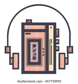 Vector illustration of pink cassette player with headphones on white background.
