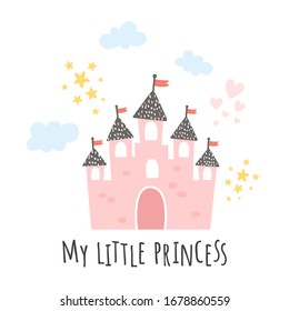 Vector Illustration, Pink Castle On White Background And My Little Princess Text