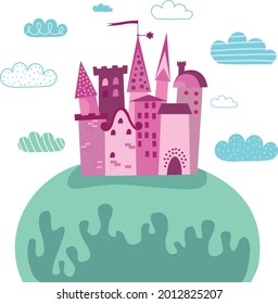Vector illustration, pink castle on a white background in clouds.