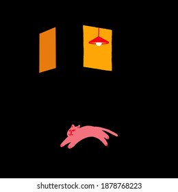 vector illustration of a pink cat and a window with a light