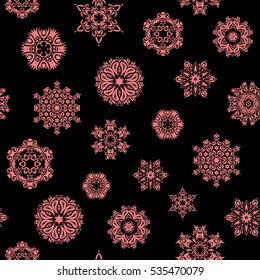 Vector illustration. Pink Christmas frame with abstract snowflakes and dots on black background.