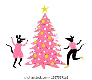 Vector illustration with pink christmas pine tree and dancing rats. New year party greeting card, cute print design with animal