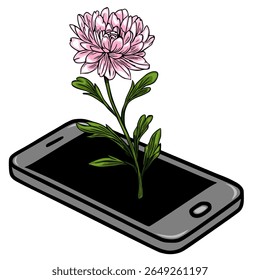 Ilustração vetorial de uma flor de crisântemo rosa aparentemente emergindo de uma tela de smartphone, mostrando uma mistura única de natureza e tecnologia.
