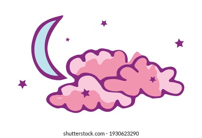 Vector illustration of pink clouds and blue moon with burgundy stars. Hand drawn icon and symbol for print, poster, sticker, card design. Doodle design elements. 