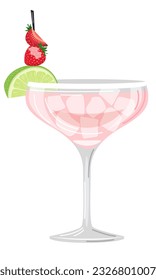 Vector illustration of a pink cocktail with ice cubes and a slice of lime and strawberries on a white background in a flat style. Suitable for menu design, food stickers, scrapbooking.