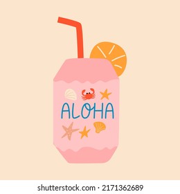 Ilustración vectorial con cóctel rosa en el frasco con trozo de fruta de piña y aloha con letras. Cangrejo, concha y pez estrella. Ilustración de verano sobre el fondo aislado